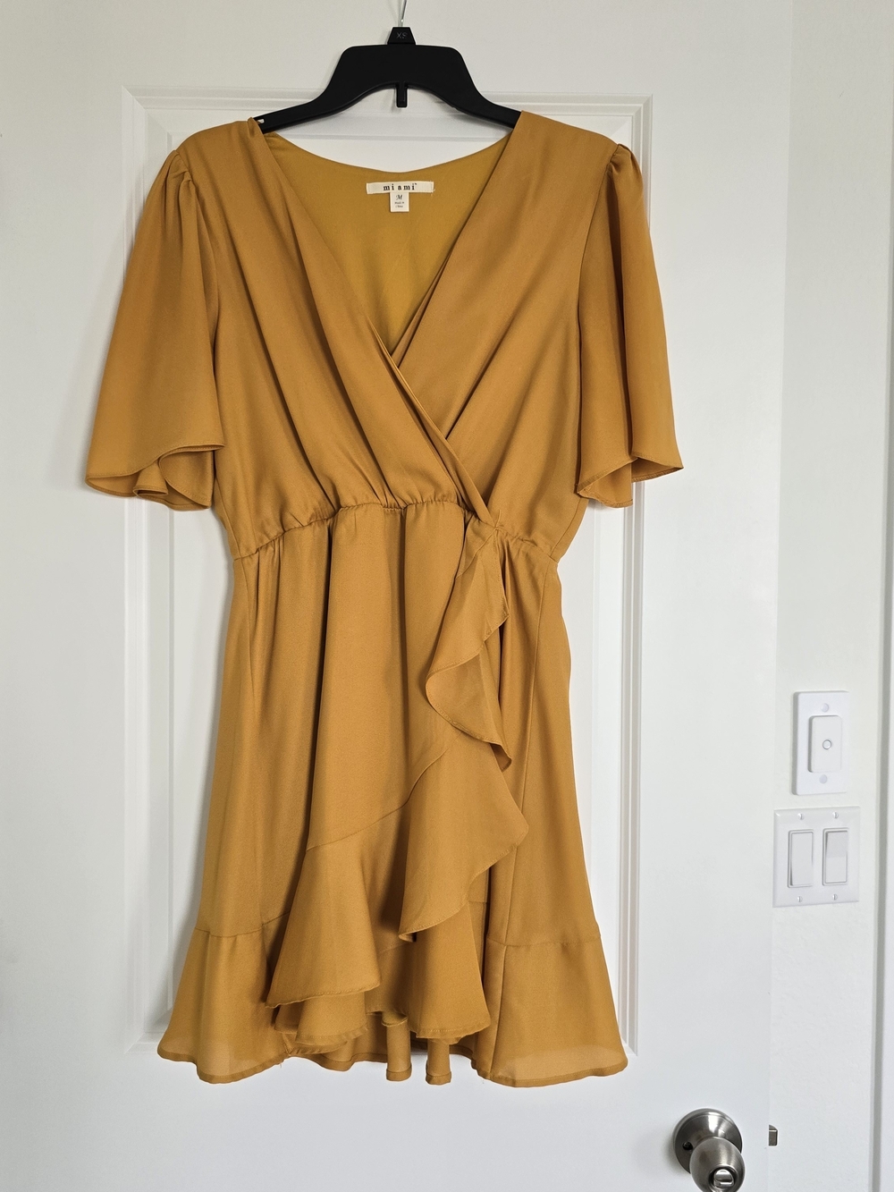Francesca's Mi Ami Mustard Yellow Wrap Ruffle Midi Dress